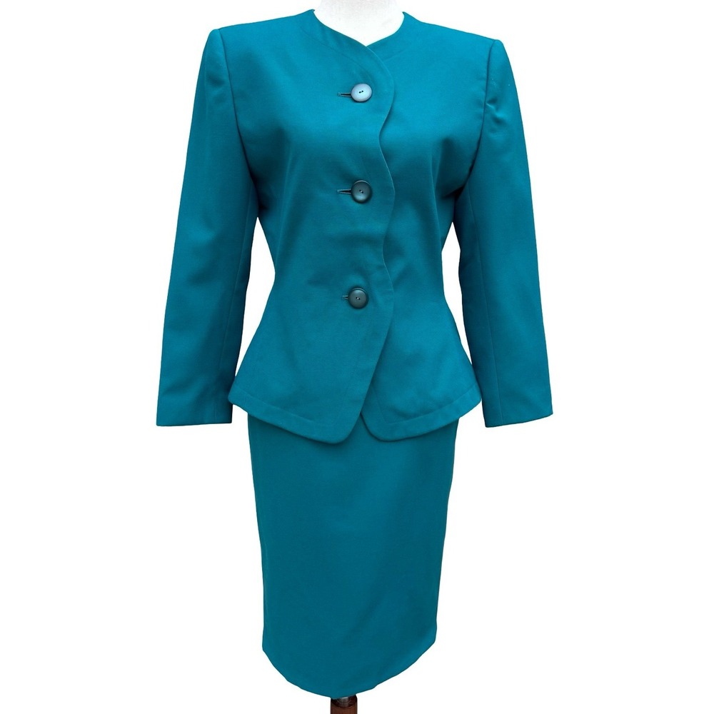 Morgan Miller Vintage 90s Teal Asymmetrical Peplum Blazer Skirt Power Suit Set 4